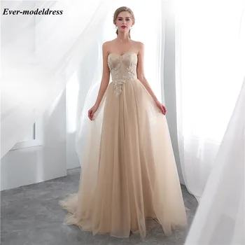 

Formal Champagne 2019 Evening Dresses Sweetheart Sleeveless Lace-Up Back Appliques Beaded A-Line Prom Party Gowns Cheap Robes