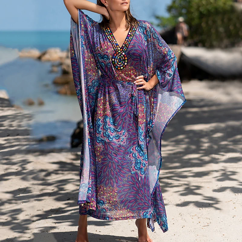 

Print Maxi Dress Swim suit Cover up Plus size Beach Tunic Robe de Plage Sarong Bikini Cover-ups Quick-drying Beach Dress Pareo