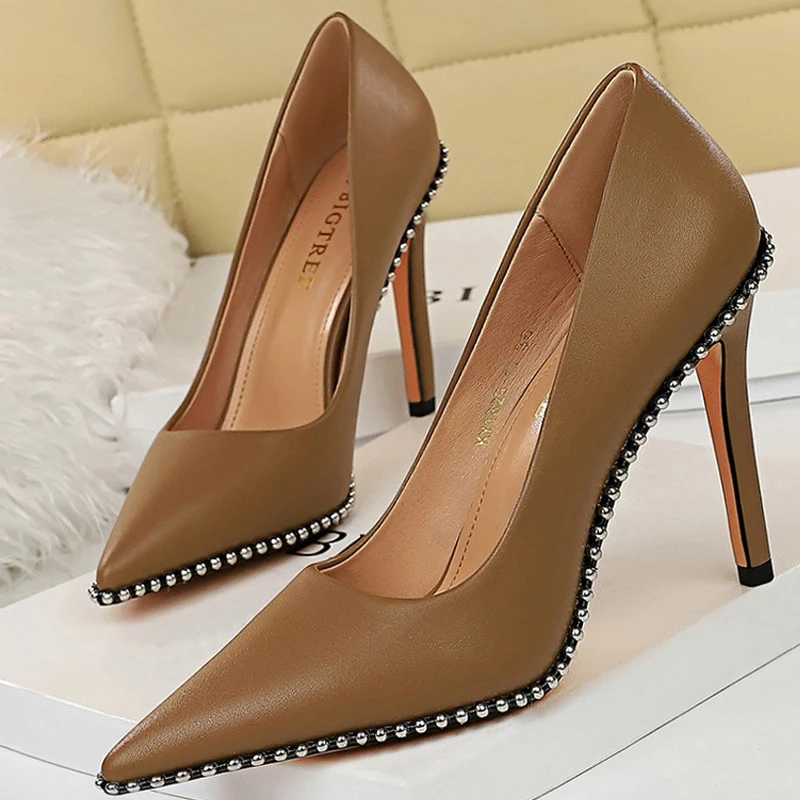 

BIGTREE Shoes Rivet Woman Pumps 2021 New High Heels Stiletto Pu Leather Women Heels Sexy Party Shoes Female Heel Plus Size 43