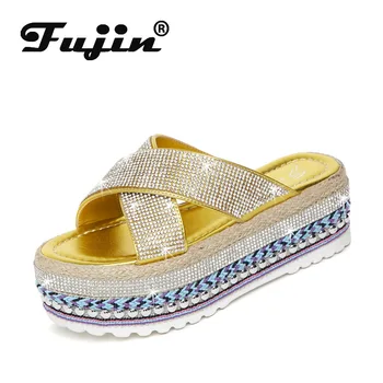 

Fujin Women slippers Summer Thick Bottom Fashion Peep Toe Slip Breathable Increasing Crystal Leisure Muffin Bottom Women Shoes