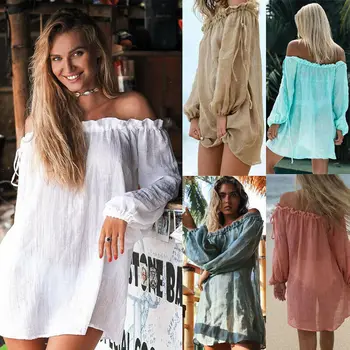 

Womens Summer Beach Bikini Cover Up Dress Off Shoulder Long Sleeve Ruffling irregular Loose pool party Swimwear