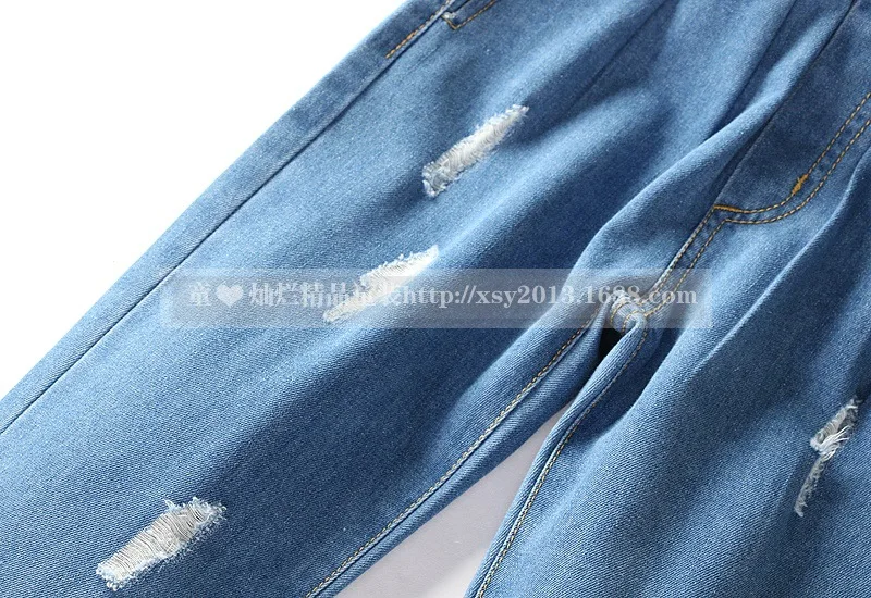 Autumn Clothing Crawler Fashion High-waisted Frilled Girls with Holes Jeans Big Kid Loose Version of Long Pants 110-160