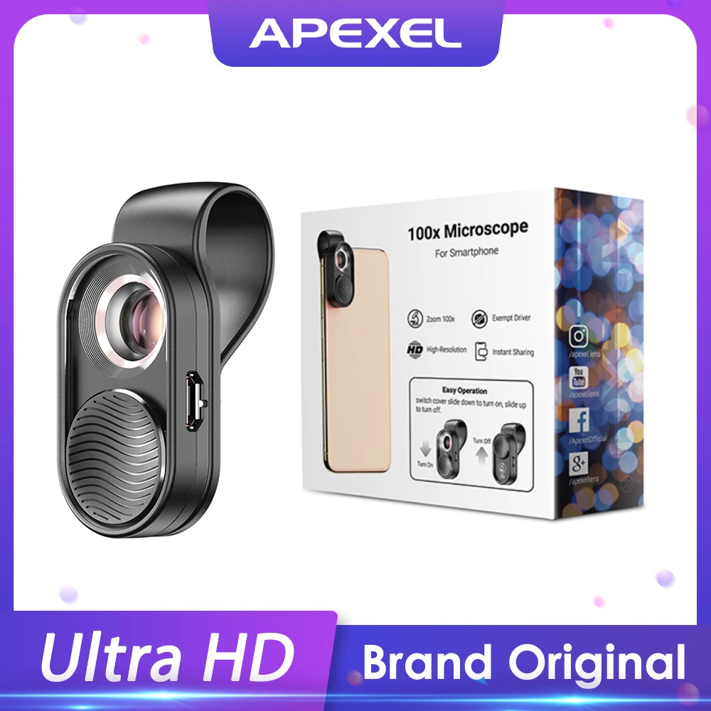 Apexel100x Microscope Lens Camera Phone Lens High Magnification Led Light Micro Pocket Lenses