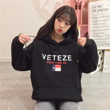 

Aw2019 Harajuku letter women's pocket pullover with velvet Hoodie Korean printed oversized Sweatshirt