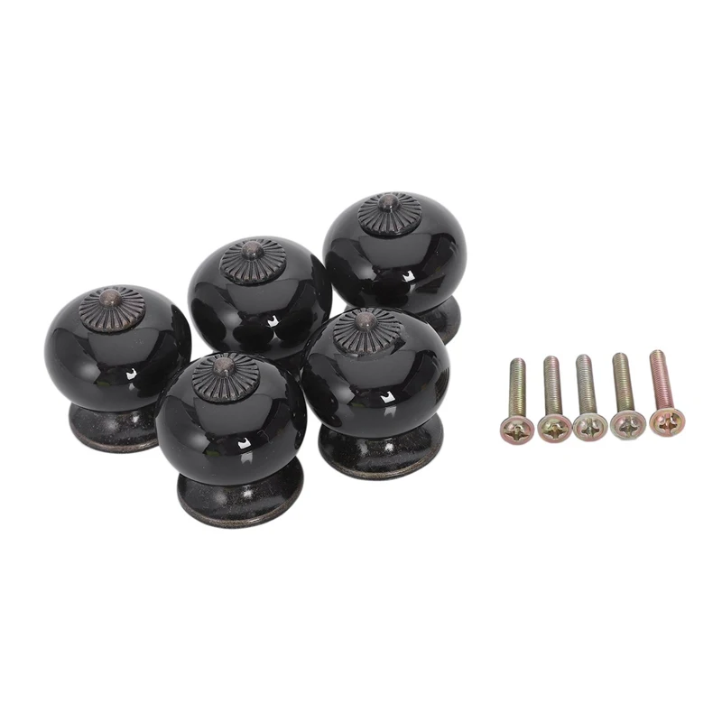 

5 x Fashion Round Ceramic Kitchen Cabinet Drawer Door Handles (Black)