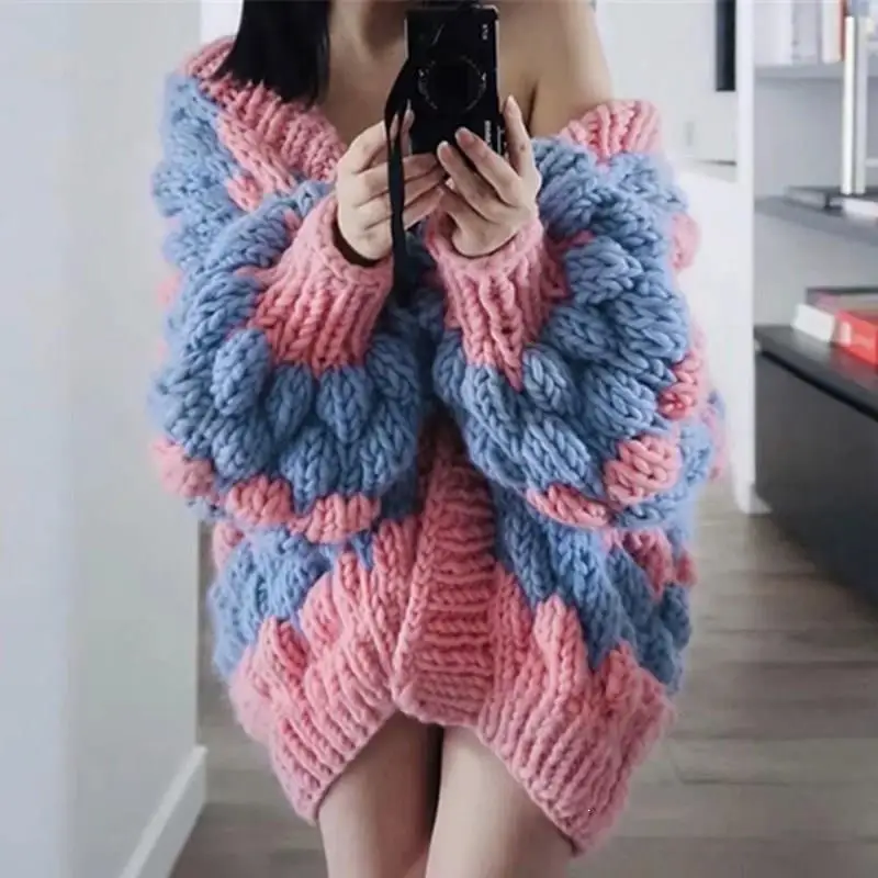 Best Price 2019 New Patchwork Oversized Cardigan Women Long Sleeve Knitted Sweater Cardigans Women Open Stitch Casual Sweters Outerwear