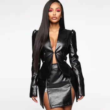 

Autumn Casual Pu Leather Ruffl Suit Zip Women Blazer And Skirts Two Pieces Sets