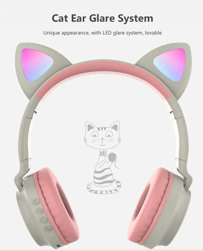 Cute Wireless Headphones Glowing Bluetooth 5 0 Headphone For Girls Cat Ear Headset Hifi Stereo Music With Microphone Dropship