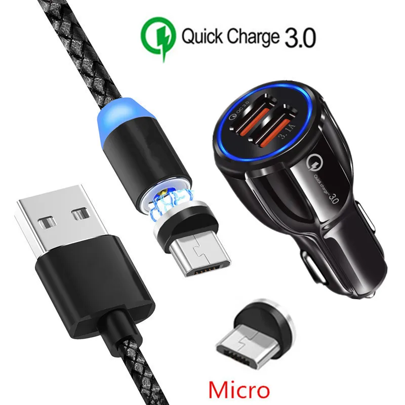 Быстрое Автомобильное зарядное устройство QC 3 0 и Магнитный зарядный кабель Micro USB