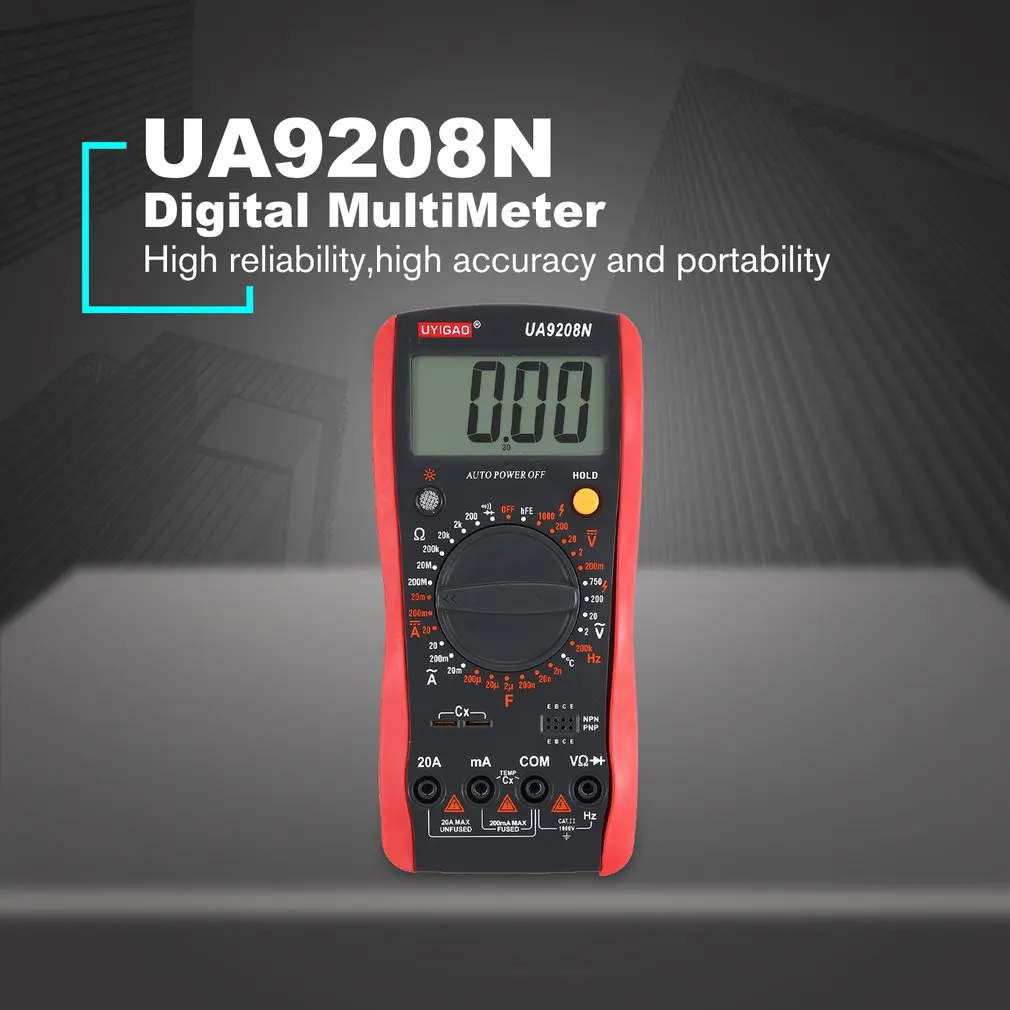 

UYIGAO Digital Multimeter DC/AC Ammeter Voltmeter Resistant/Capacitor/Triode/Diode/Temperature/Frequency Tester Data hold