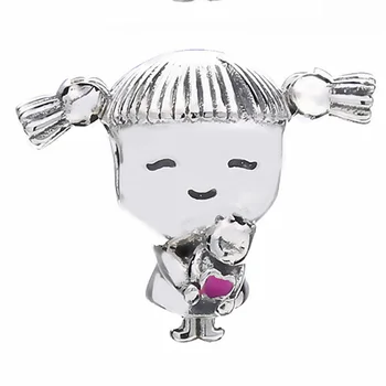 

New 925 Sterling Silver Bead Charm Bouncing Pigtails Girl With Pink Enamel Heart Pigtails Beads Fit Bracelet Diy Jewelry