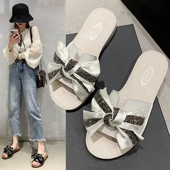 

Womens Summer Open Toe Slipper Genuine Leather Crystal Bow Shoes Zapatos De Mujer Women Slippers Indoor Outdoor Femme Pantoufles