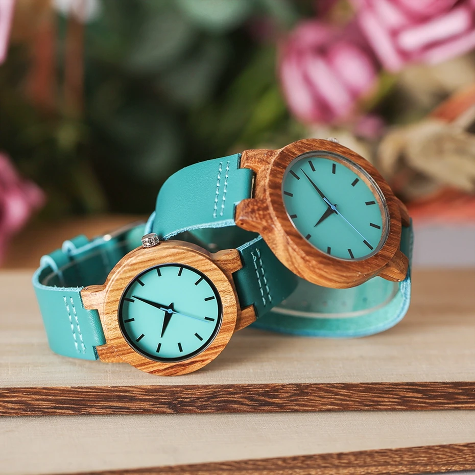 Turquoise Blue Women's Quartz Wooden Watch with Leather Band - Modern Bamboo Fashion Timepiece