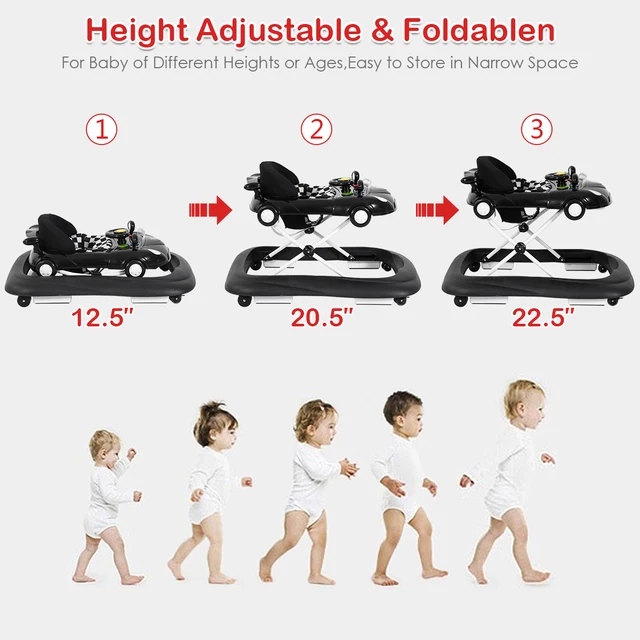 2-in-1 Foldable Baby Walker Adjustable Heights Ourdoor W/Music  & Lights Black 6