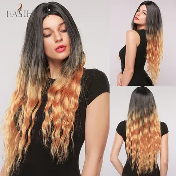 

EASIHAIR Ombre Black Golden Orange Long Body Wavy Synthetic Wigs for Women Female Natural Colored Wigs Cosplay Heat Resistant