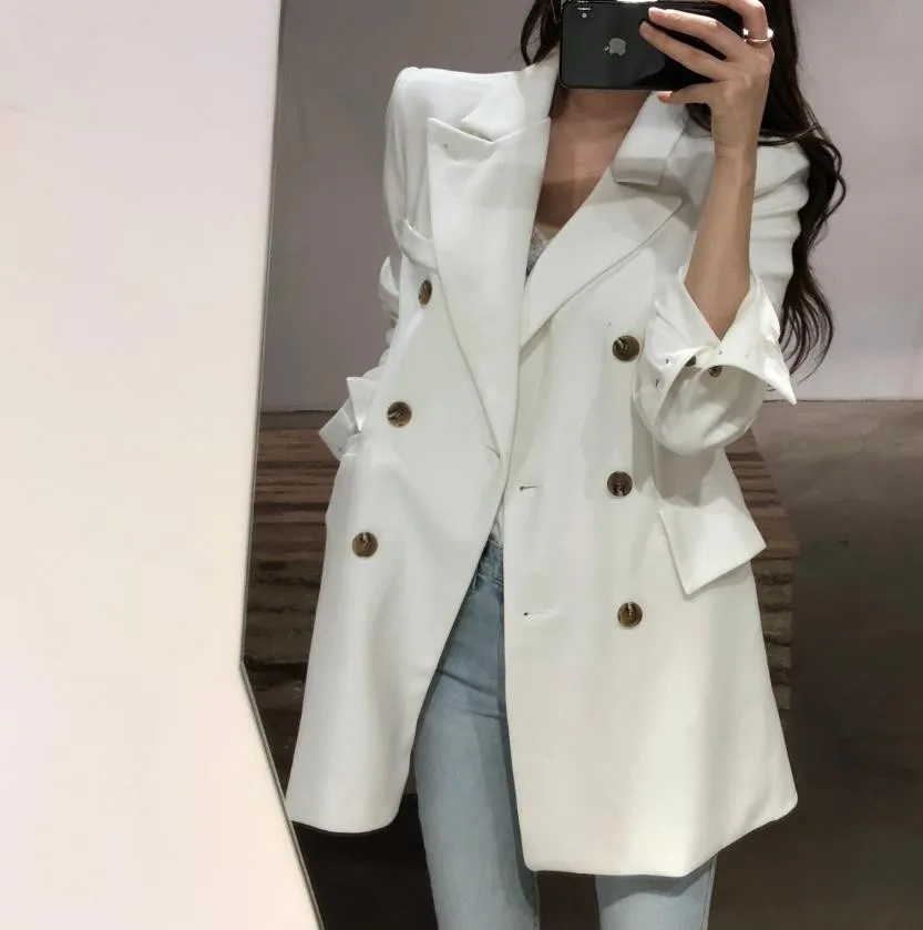 2020 Autumn Women Double Breasted Blazer Korean Black White Loose Notched Women Blazers And Jackets Ladies Office Coat Long
