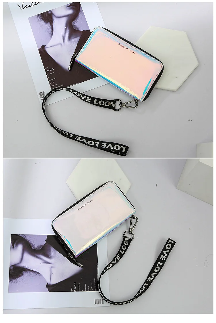 New Lanyard Laser Holographic Wallet Women Long Purse Female Clutch Bag Women Wallets Purses Zip Phone Pocket