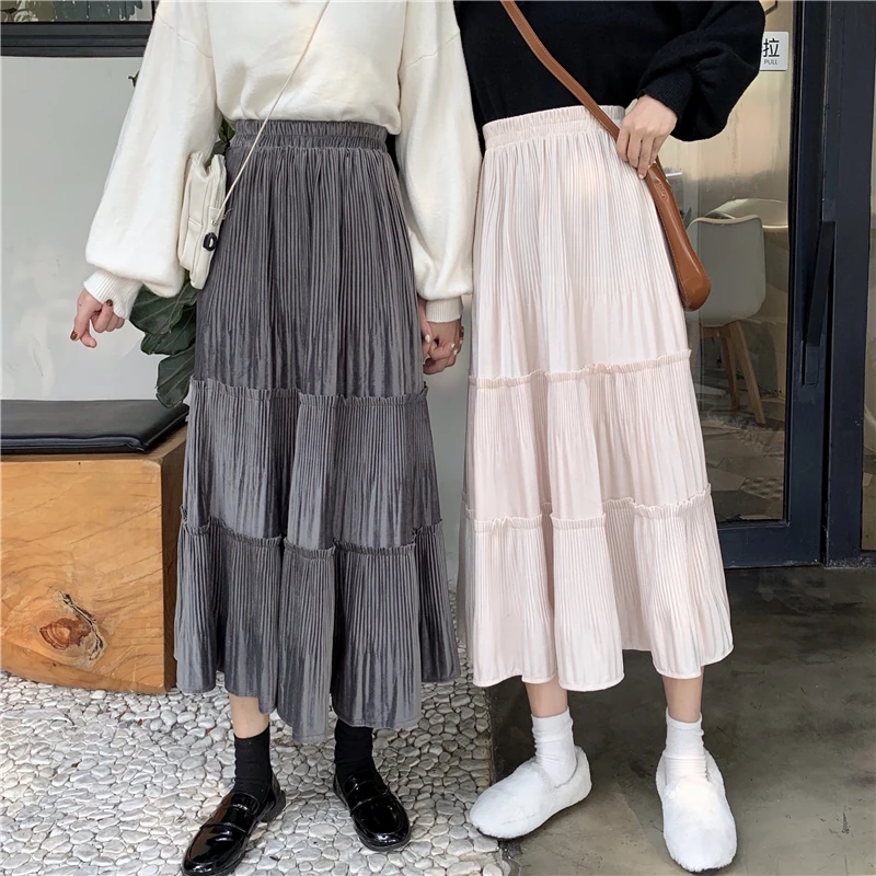 Faldas mujer moda однотонные плиссированные милые стильные осенние юбки до середины икры имперский Высокая талия Женская одежда Женская мода feminina
