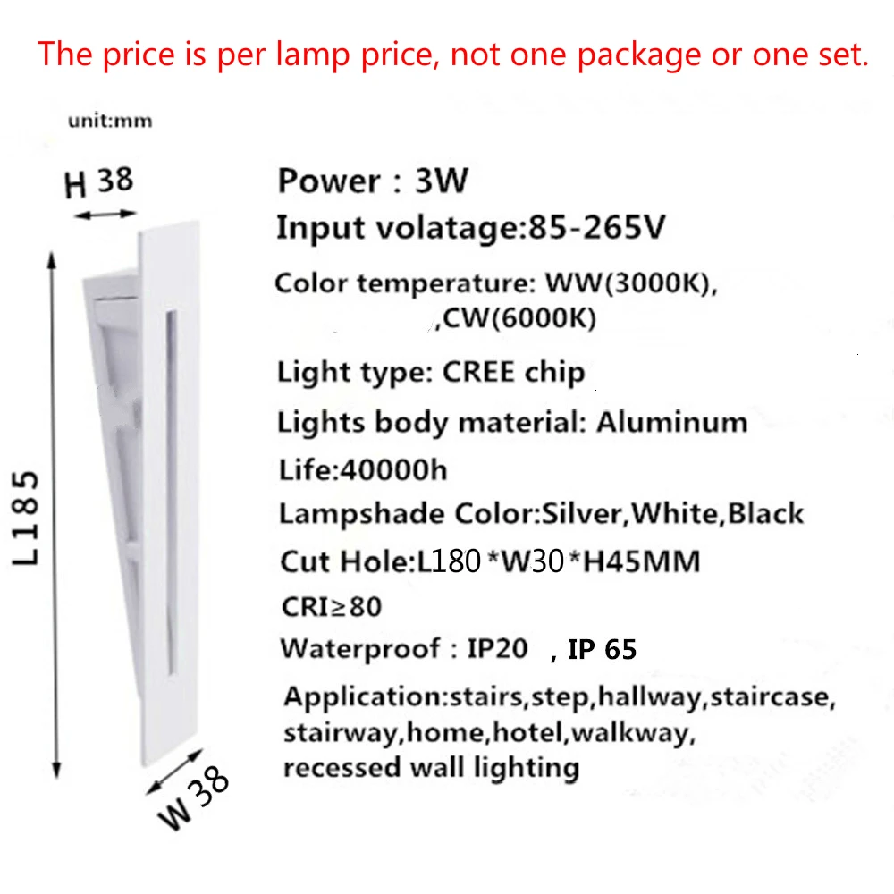 3W Recessed Led Stair Light AC85-265V Indoor IP20 Outdoor IP65 Corner Wall lights Stairs Step stairway Hallway staircase lamp