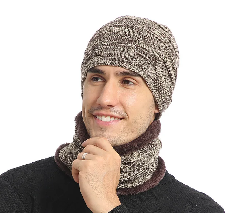 Зимняя шапка, шарф, набор для мужчин, вязаные шапки, шарф, шапочки, шапка для мужчин, теплая Толстая шапочка, шапка, шарф для зимы, вязаная Лыжная вязаная шапка