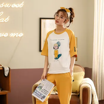 

New Arrival Summer Women's Sleepwear Cute Cartoon Print Cotton Set Pajamas For Women Sweet Top And Cropped Trousers Home Suit r