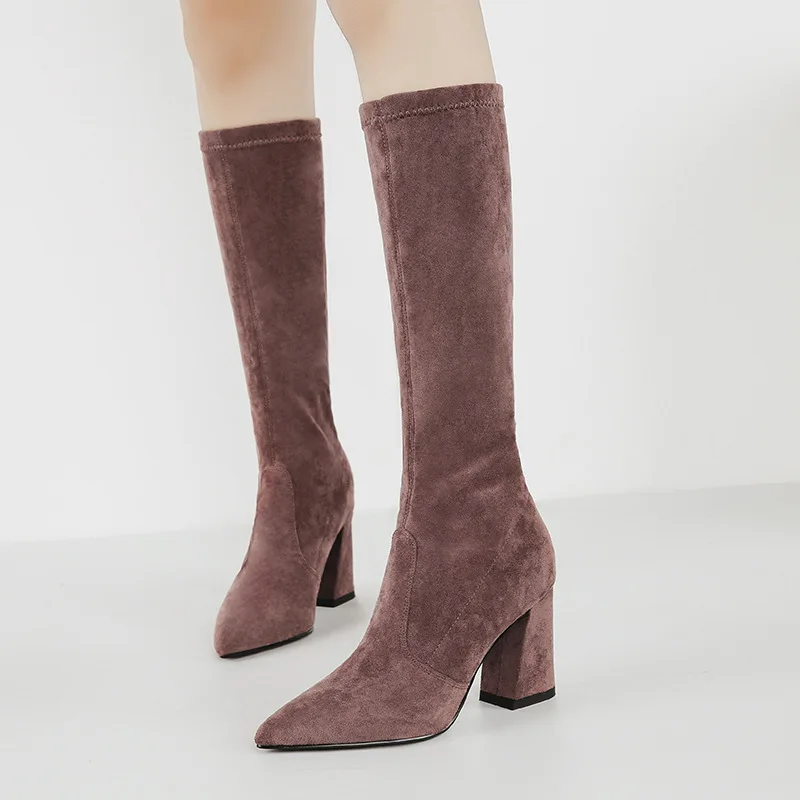 brand designer slim long winter boots women pointed toe thick high heels knee high boots cozy plush flock knight botas mujers614