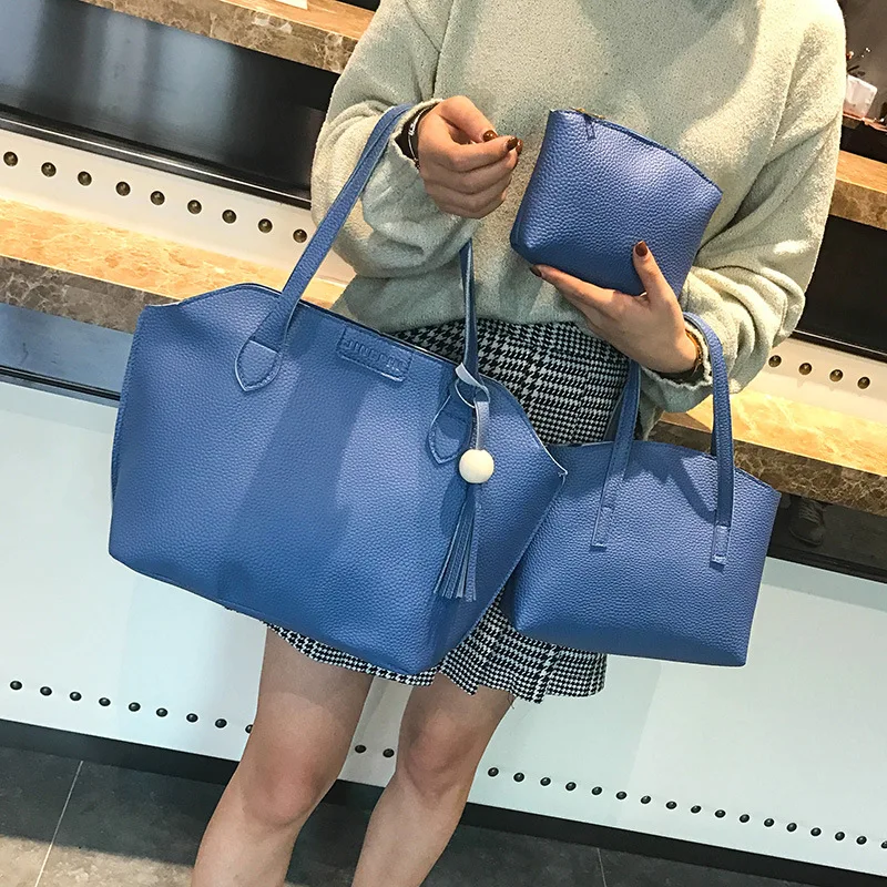 

WOMEN'S Bag Hand Large-Volume Embossed Leather Bag New Style Korean-style Fashion Solid Color Wooden Bead Three-piece Set Leisur