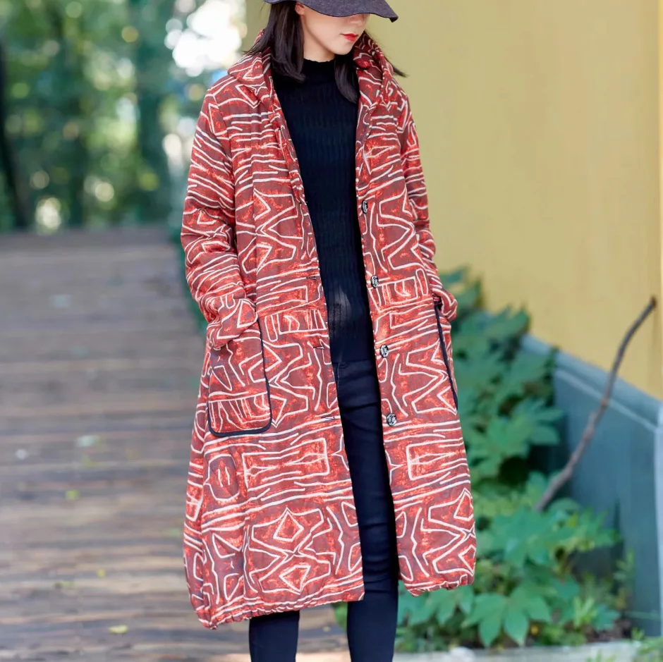 

Autumn And Winter New Style Retro Printed Hooded Coat Trench Coat Women's Artistic Padded Loose And Plus-sized Coat Women's