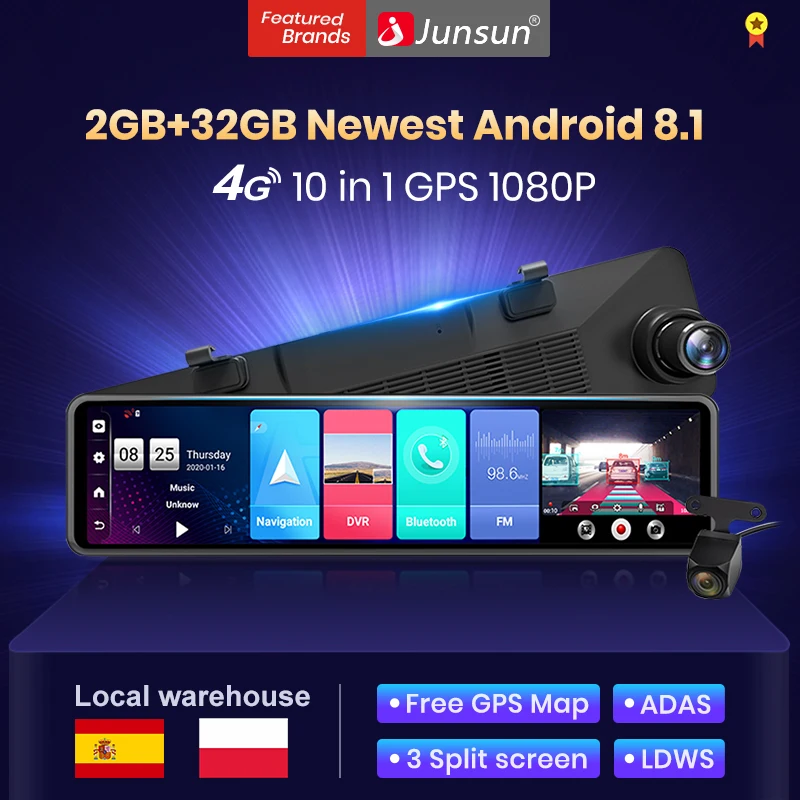 Автомобильный зеркальный видеорегистратор Junsun 12 дюймов 1440P 2k Android 8 1 ADAS 2 Гб ОЗУ 4G Wi