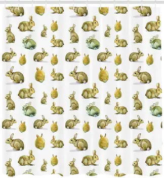 

Watercolor Shower Curtain Cute Furry Rabbit Bunny Pattern Easter Animals Domestic Fluffy Pets Fabric Bathroom Decor Set