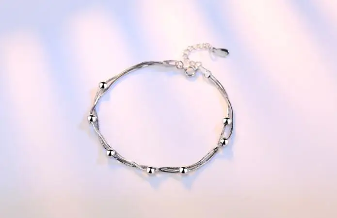 Простые Модные браслеты из серебра 925 пробы, женские двухслойные браслеты с квадратной цепочкой в форме звезды, круглые бусины, браслеты pulseira