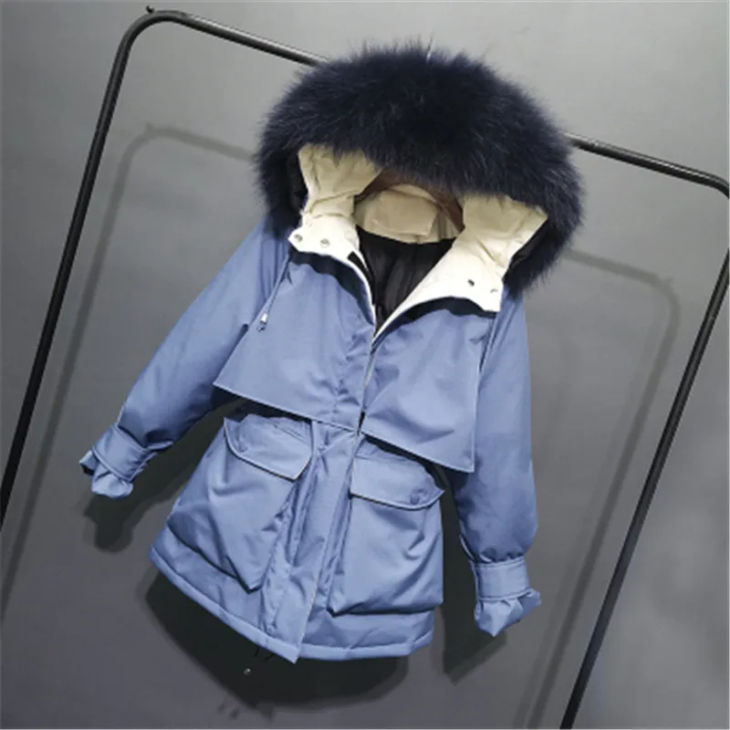 Campera pluma mujer, пуховик на утином пуху, женская зимняя теплая куртка с натуральным меховым воротником и капюшоном, негабаритный пуховик, пуховая куртка, D469 - Цвет: blue