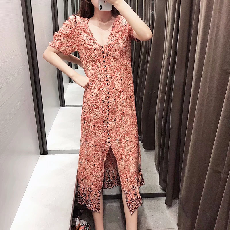 Vintage Elegant Ruffles Buttons Print Maxi Dress Women Fashion V Neck Short Sleeve Side Zipper Dresses Vestidos Mujer