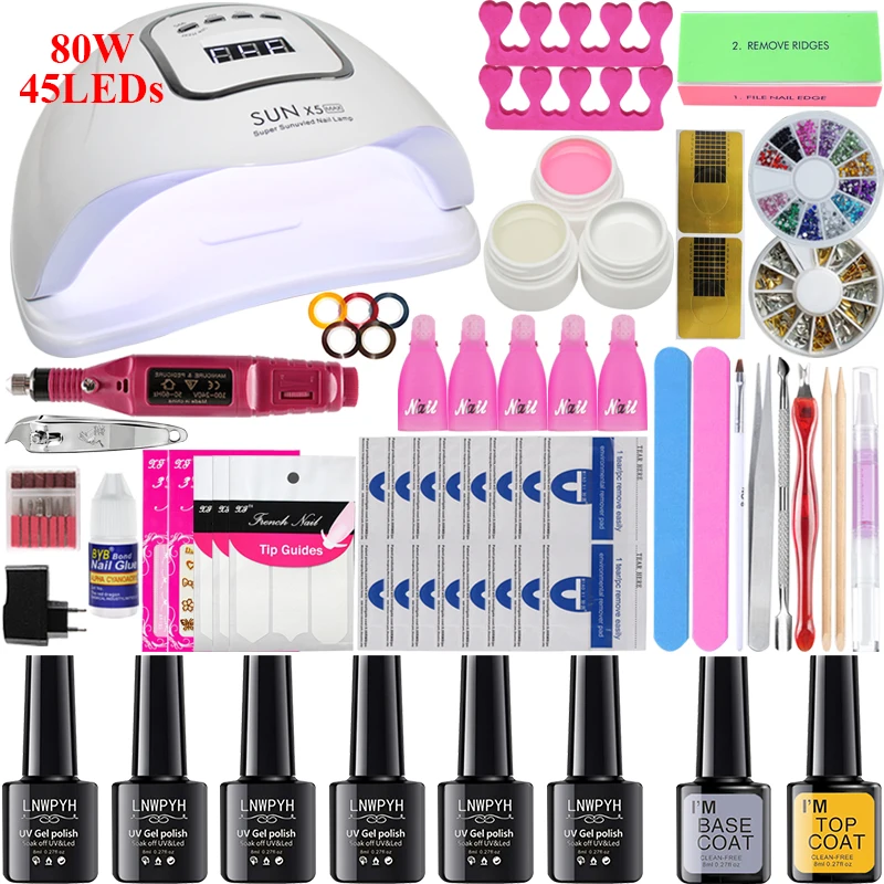 choose 6 colors 80W Маникюрный набор Био-Гели Soak Off Гель-лак для ногтей Наборы 80 Вт ультрафиолетовая Светодиодная лампа 18/10/6 видов цветов Электрический Фрезер для ногтей, сверлильный для ручки инструменты для дизайна ногтей - Цвет: choose 6 colors 80W