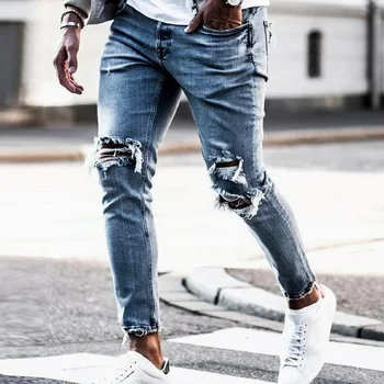 

Men's Jeans Skinny Hip Hop Cool Streetwear Biker Embroidery Patch Hole Ripped Zipper Jeans Slim Mens Clothes Pencil Homme Jeans