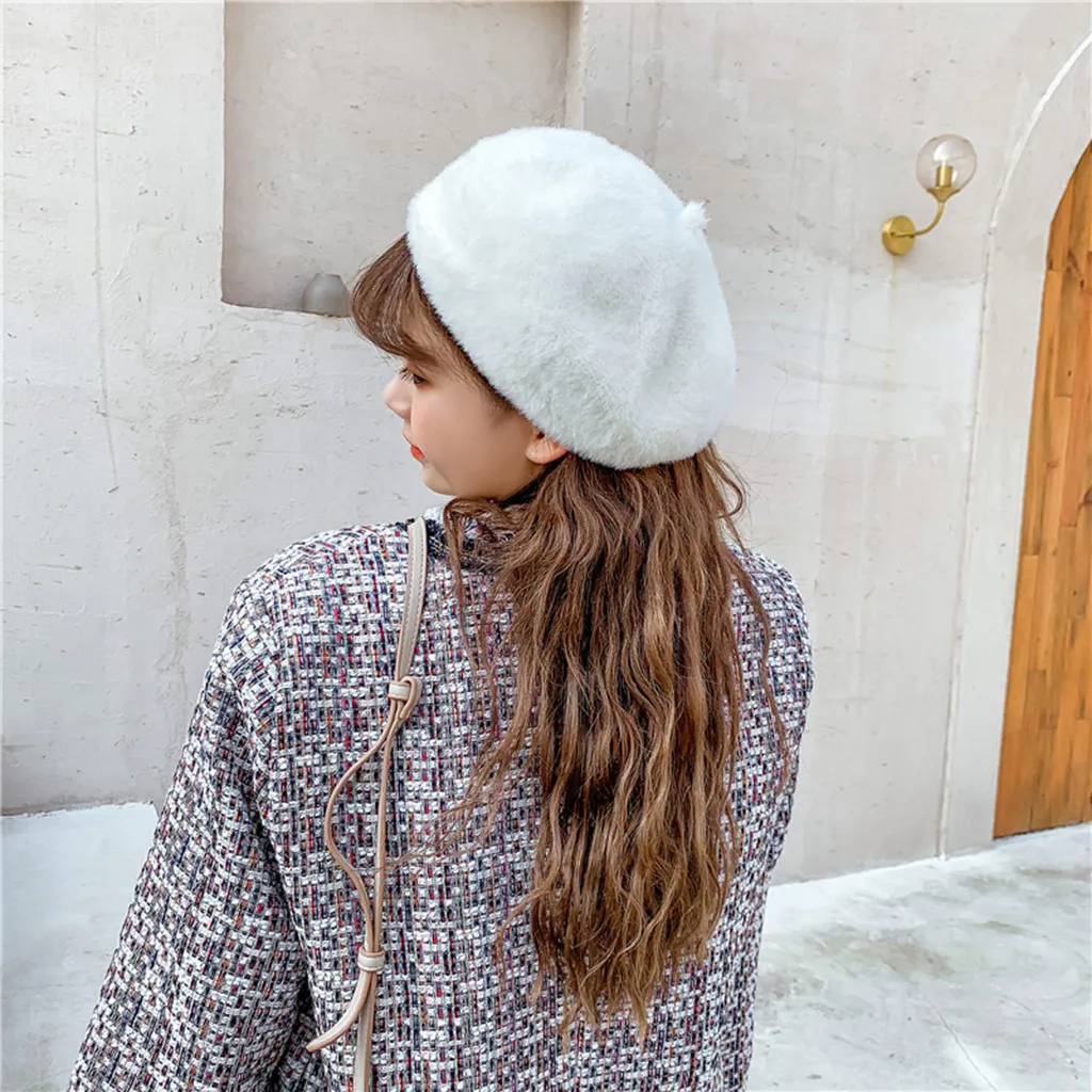 Однотонные пушистые мини-береты цвета хаки с помпонами-кепки для женщин мужские унисекс Зимние цветные однотонные ретро теплые шапки для мужчин и теплые береты с ушками#0