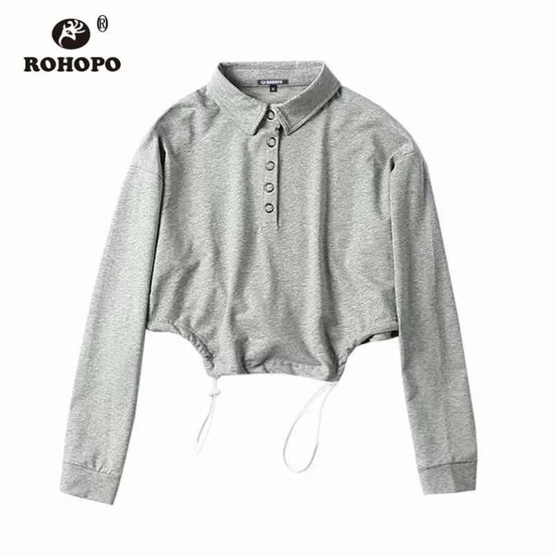 

ROHOPO Women Green Trimmed Elastic Waist Gray Pullover Hoodies Long Sleeve Autumn Solid Short Chic Sweatshirt #c249
