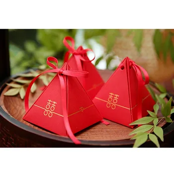 

20pcs Ribbon & Double Happiness Red Triangular Chinese Traditional Wedding Favor Boxes,Chocolate Pyramidal Gift Box, Candy Box,