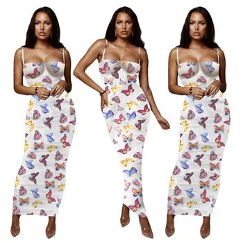 

Sexy Spaghetti Straps Snake Butterfly Print Bodycon Lomg Dress Summer Dress Vestido Plus Size Dress Party Night 2020 New
