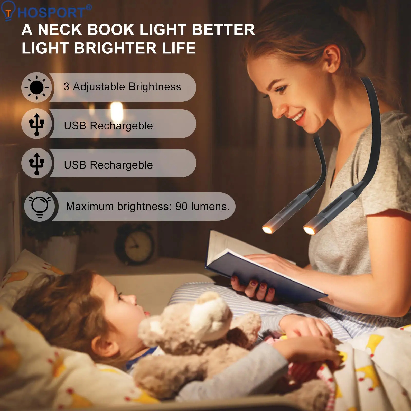 Rechargeable Hanging Neck Light Flexible Reading Light 3 Colors 8 LED Book  Light for Reading Knitting Camping Repairing Running
