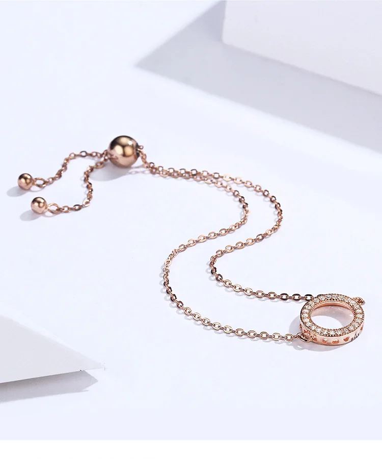 WOSTU 925 Sterling Silver Rose Gold Bracelet Glittering Round Circle Zircon Chain Link For Women Fashion Jewelry BKB030-C