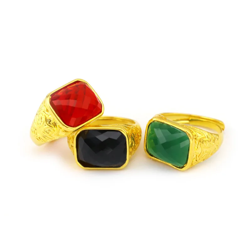 Moda de luxo 14k anel de ouro para homens casamento noivado jóias com grande pedra preciosa verde esmeralda anel vermelho jade pedra presentes masculinos