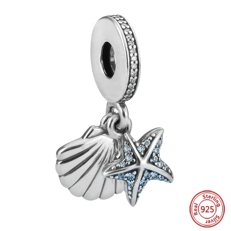

Strollgirl 100% 925 Sterling Silver Exquisite Blue CZ Starfish & Sea Shell Bead Charm Fit Pandora Bracelet Woman Fashion Jewelry