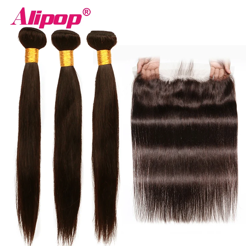 

#2 Dark Brown 3 Bundles Peruvian Hair Weave Bundles With Frontal Straight Bundles Human Hair Bundles With Frontal Alipop NonRemy