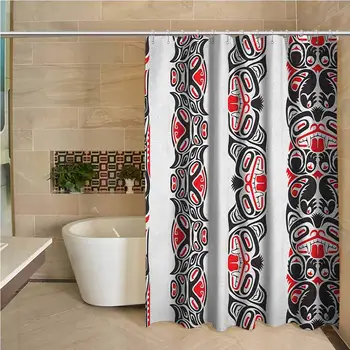 

Primitive Odorless Waterproof Shower Curtain Haida Motifs in Vertical Borders with Abstract Tribal Animal Figures Large Home