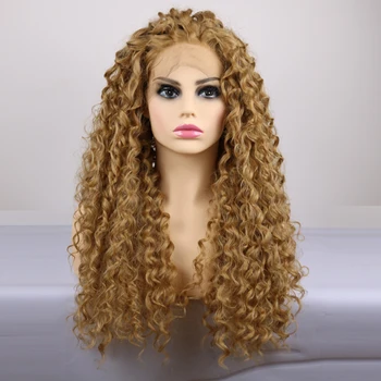

High Density Hand Tied Blonde Long Curly High Temperature Fiber Heat Resistant Glueless Synthetic Front Lace Wig For Black Women