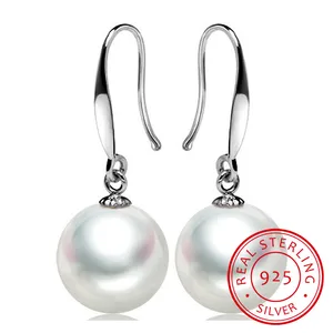 Joyería de plata 925 para mujer, Pendientes colgantes de perlas reales Vintage de 8mm y 10mm, aretes con dijes, joyería fina para niña E0135