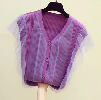 

Summer Thin Knitted Shirt for Women 2020 New V-neck Mesh Ruffles Stitching Sleeveless Knitted Temperament Slim Top Blouse Mujer