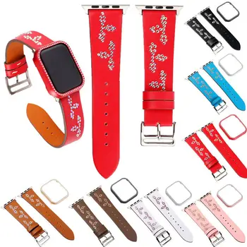 

Leather Watch Strap + Frame Case for Apple Watch 38/40/42/44mm Iwatch Series 4 3 2 1 Bling Diamond Sports Bands Sets