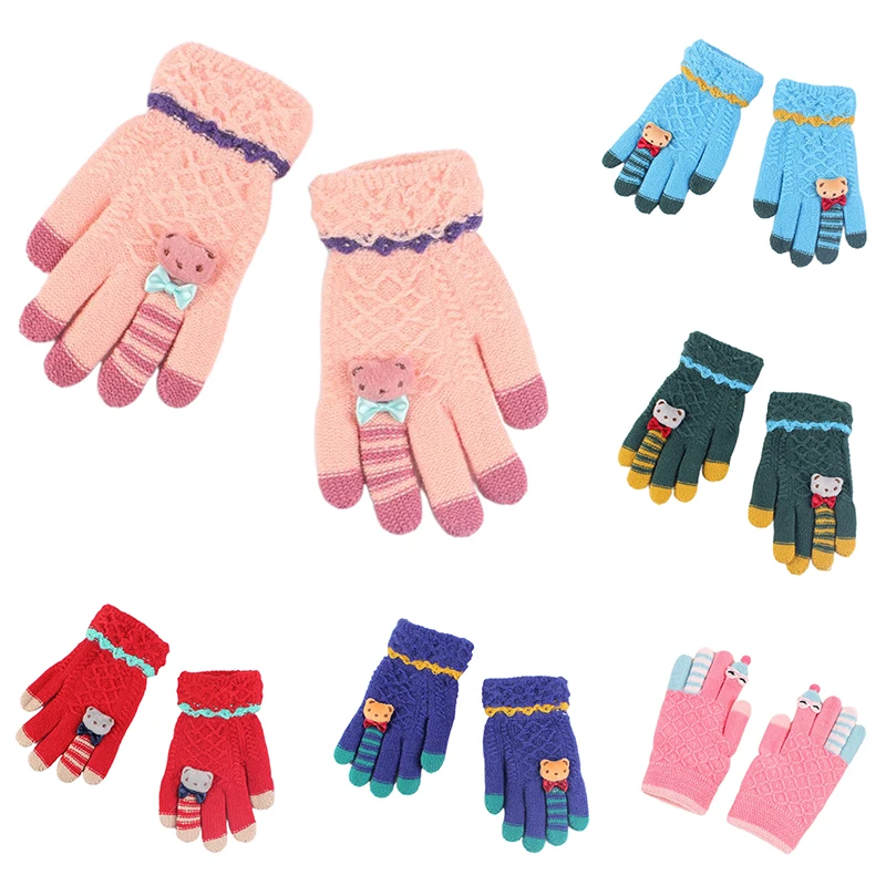 6 Colors Kids Winter Warm Gloves Knitted Gloves Full Finger Thick Mittens With Cartoon Bear Bow Gloves For Children